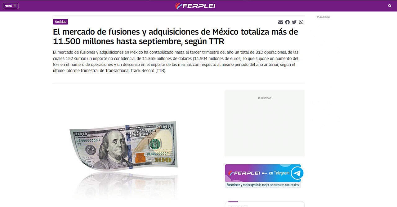 El mercado de fusiones y adquisiciones de Mxico totaliza ms de 11.500 millones hasta septiembre, segn TTR